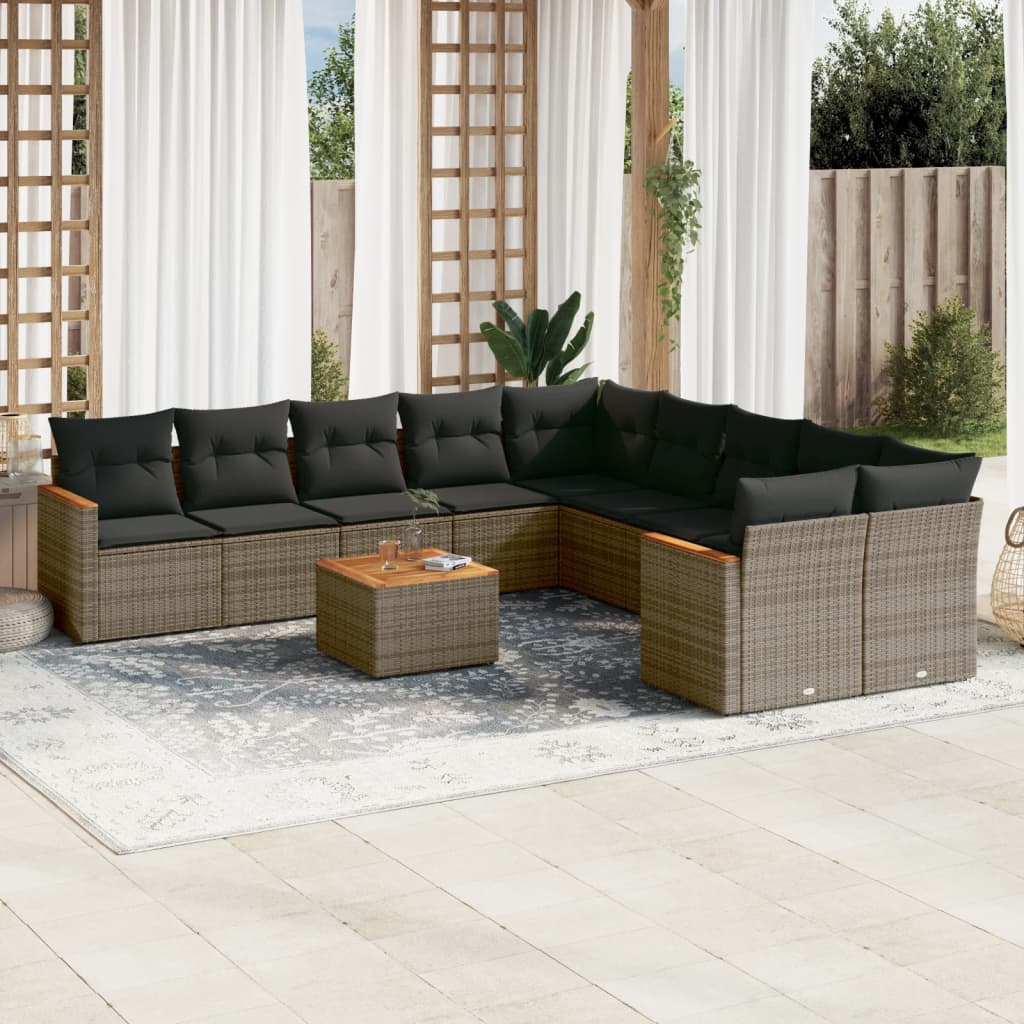 Set canapele de gradina cu perne, 11 piese, gri, poliratan — imaginea 2