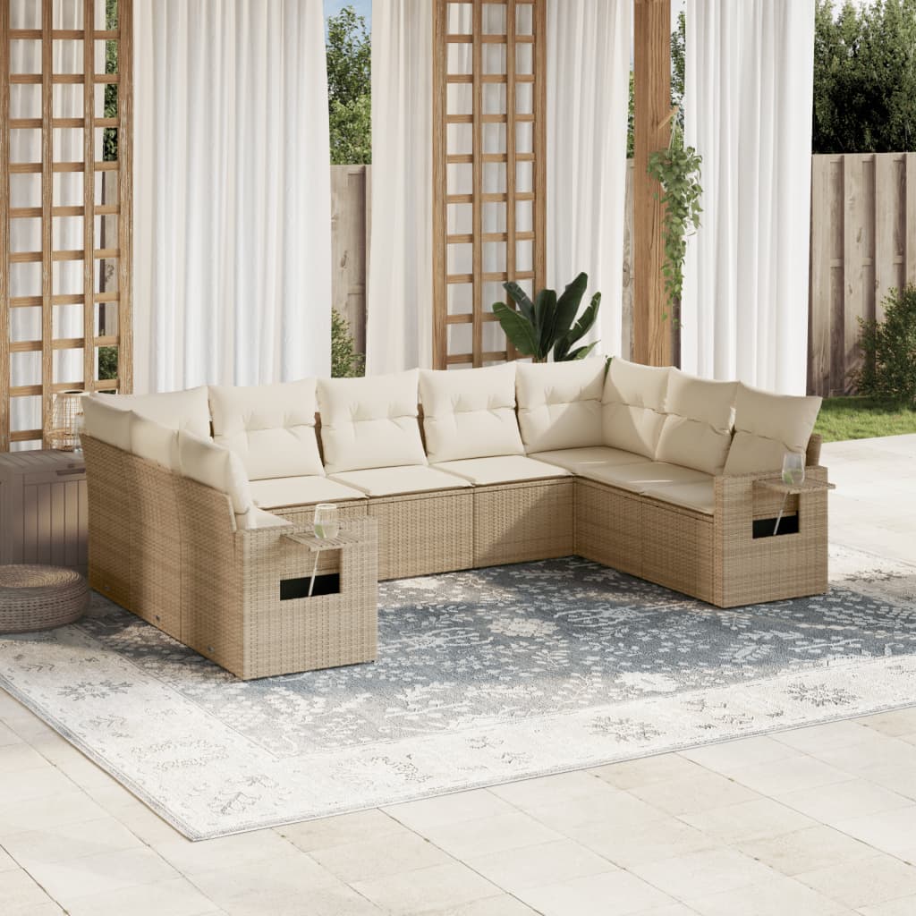 Set canapele de gradina, 9 piese, cu perne, bej, poliratan — imaginea 2