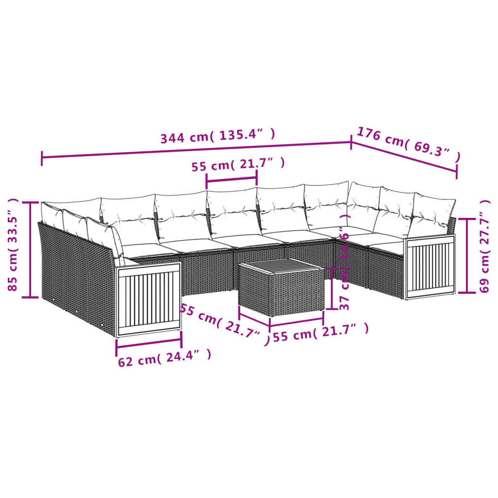 Set canapele de gradina cu perne, 11 piese, negru, poliratan — imaginea 8