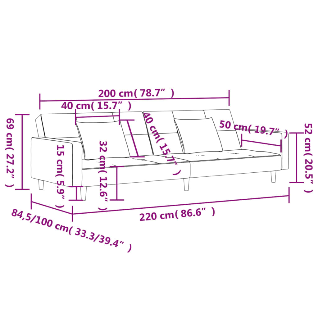 Canapea extensibila cu 2 locuri, 2 perne, crem, textil — imaginea 11