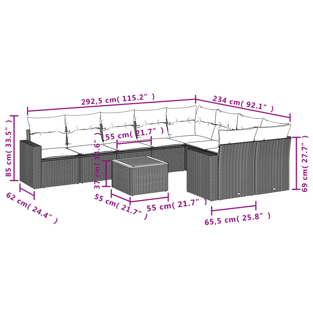 Set canapele de gradina cu perne, 10 piese, bej, poliratan — imaginea 12