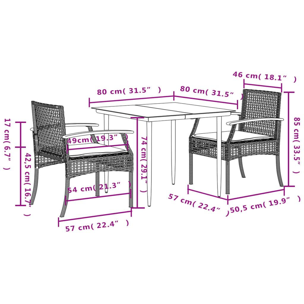 Set mobilier de gradina cu perne, 3 piese, gri, poliratan — imaginea 7