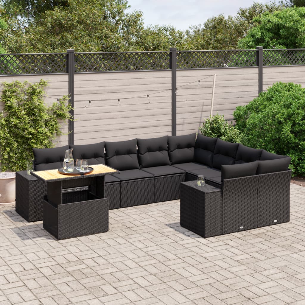 Set canapele de gradina cu perne, 10 piese, negru, poliratan — imaginea 2