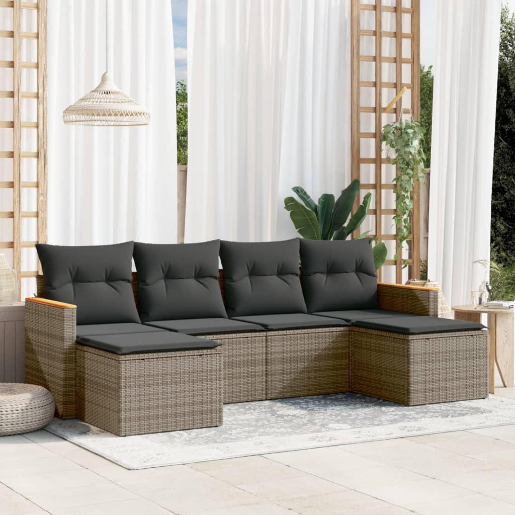 Set mobilier gradina cu perne, 6 piese, gri, poliratan — imaginea 2