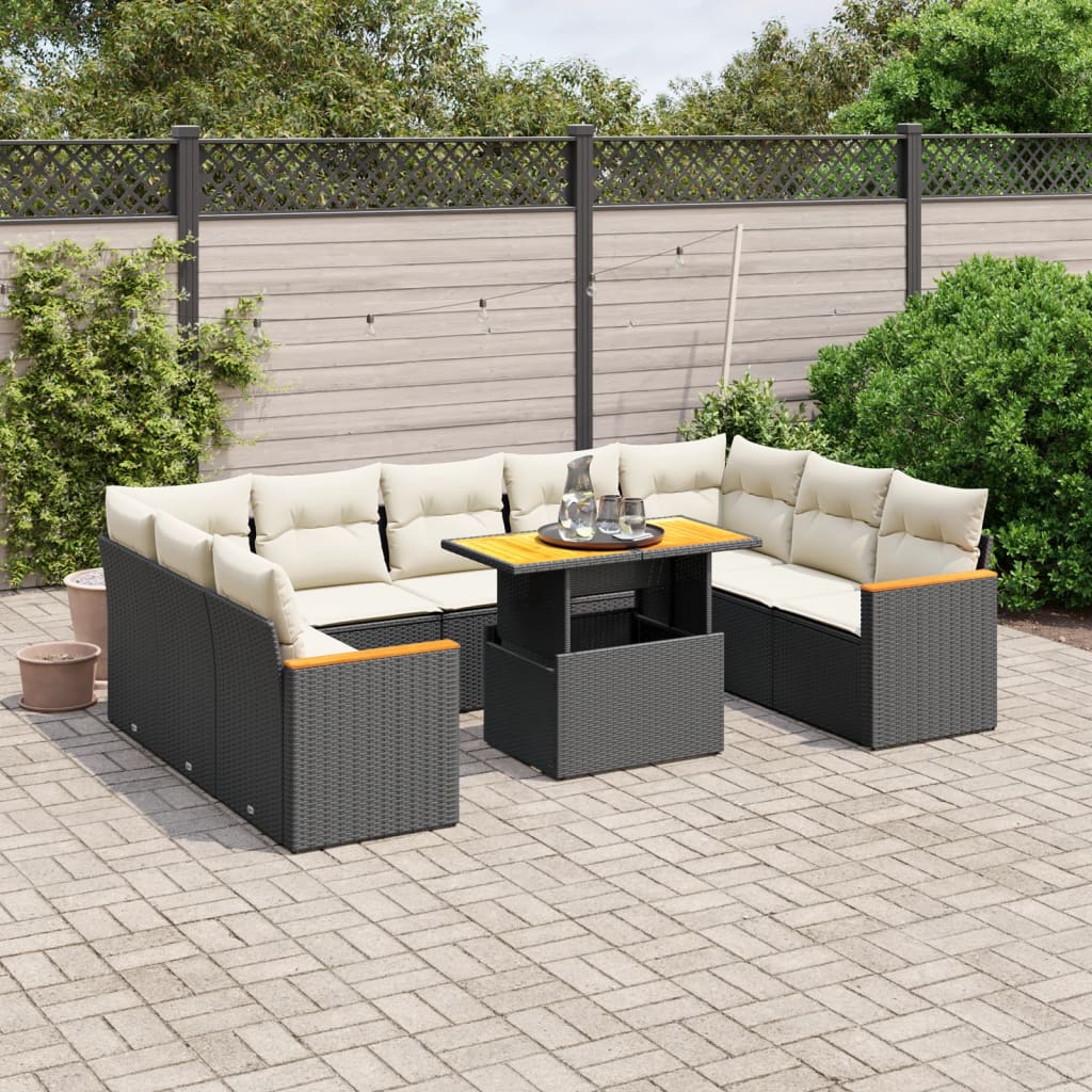 Set canapele de gradina cu perne, 10 piese, negru, poliratan — imaginea 2