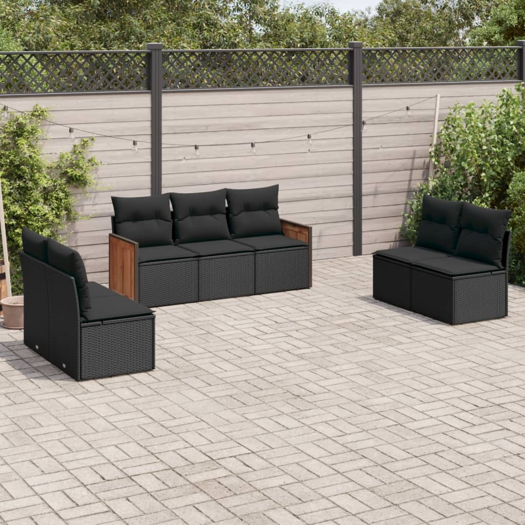 Set canapele de gradina cu perne, 7 piese, negru, poliratan — imaginea 2