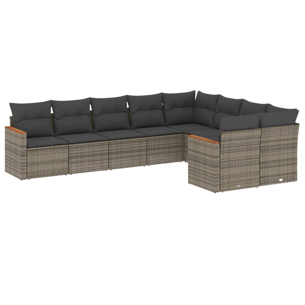 Set canapele de gradina, 9 piese, cu perne, gri, poliratan