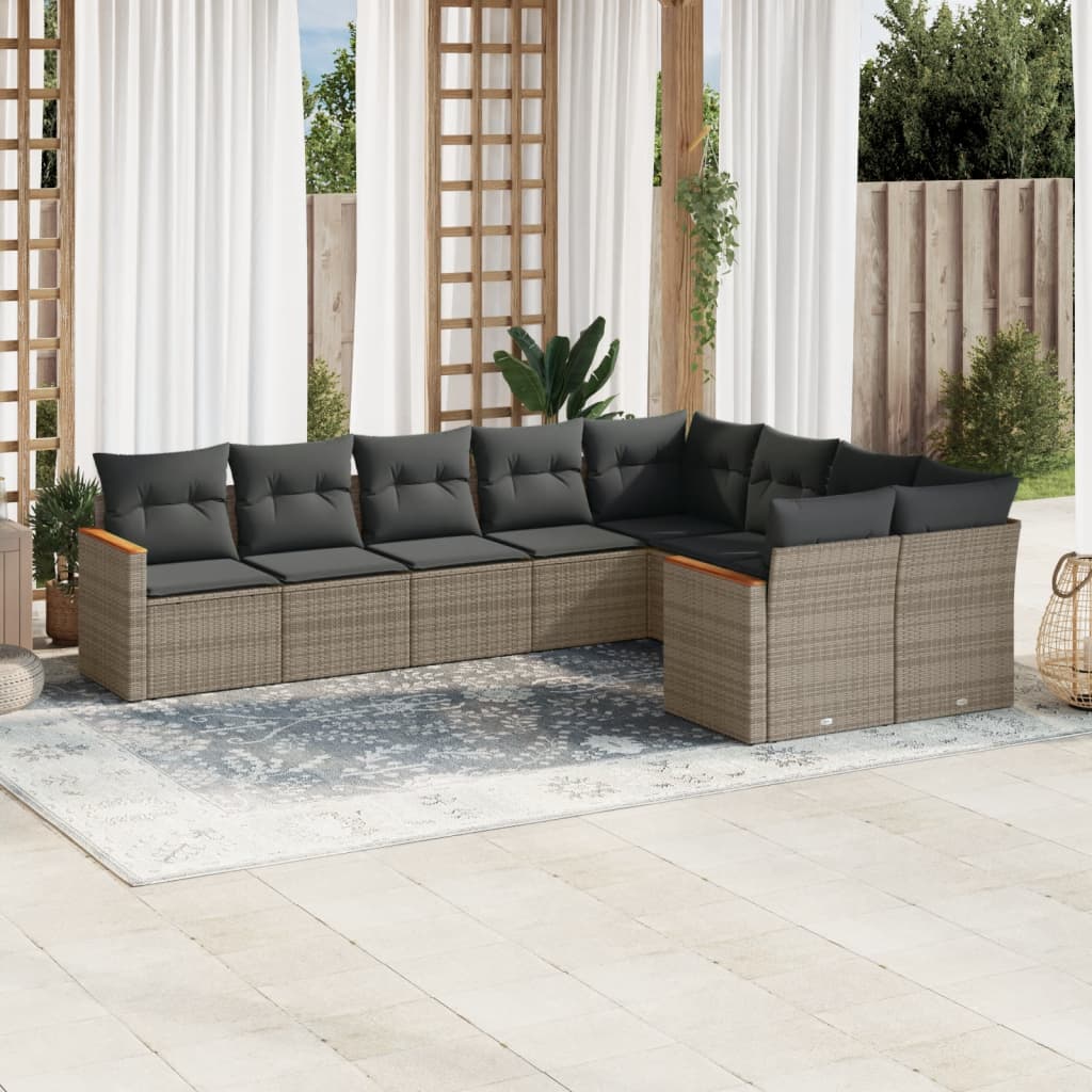 Set canapele de gradina, 9 piese, cu perne, gri, poliratan — imaginea 2