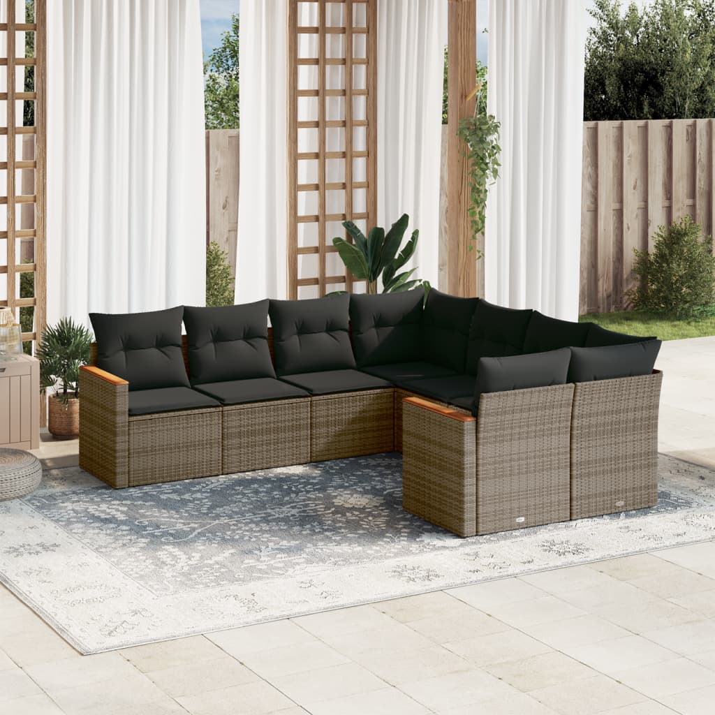Set canapele de gradina cu perne, 8 piese, gri, poliratan — imaginea 2