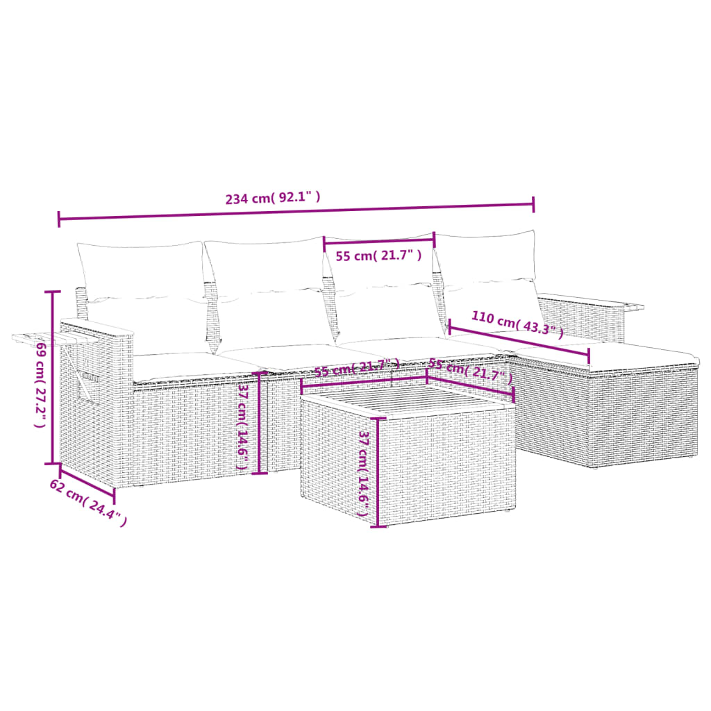 Set canapele de gradina cu perne, 6 piese, bej, poliratan — imaginea 3