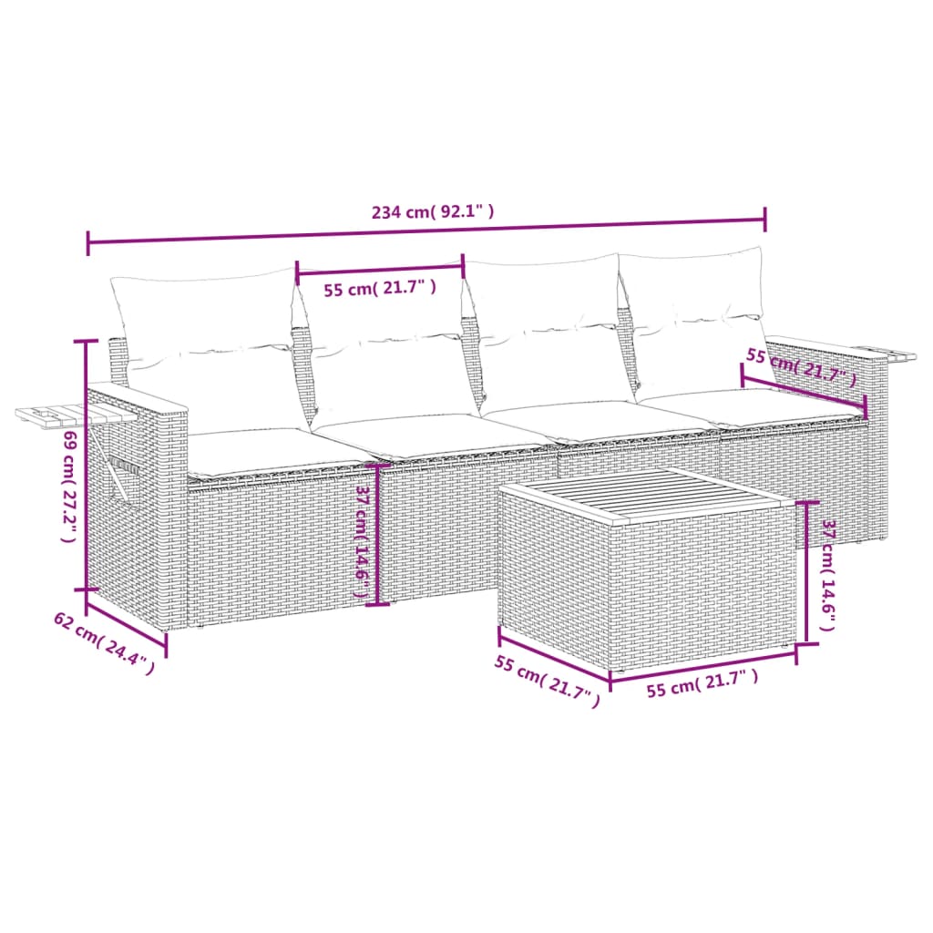 Set canapele de gradina cu perne, 5 piese, bej, poliratan — imaginea 8