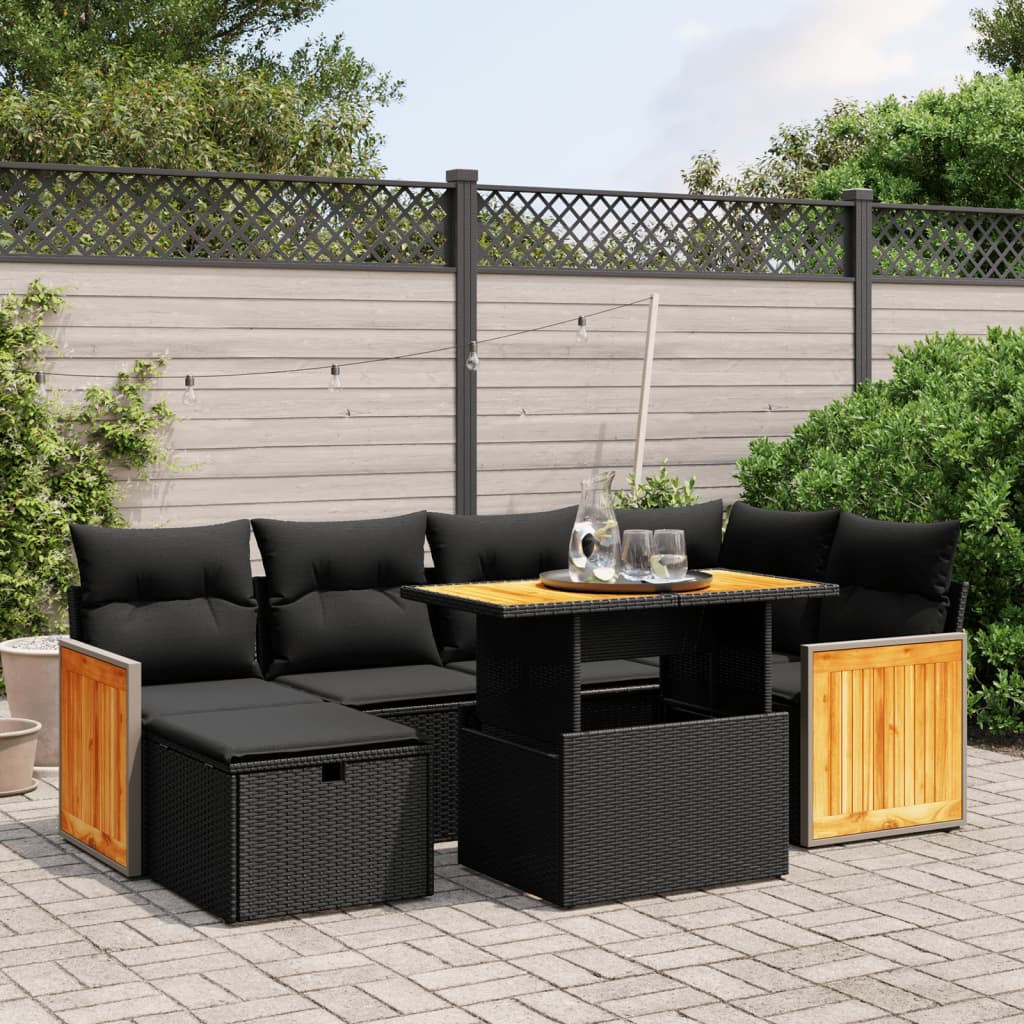 Set canapele de gradina cu perne, 7 piese, negru, poliratan — imaginea 2