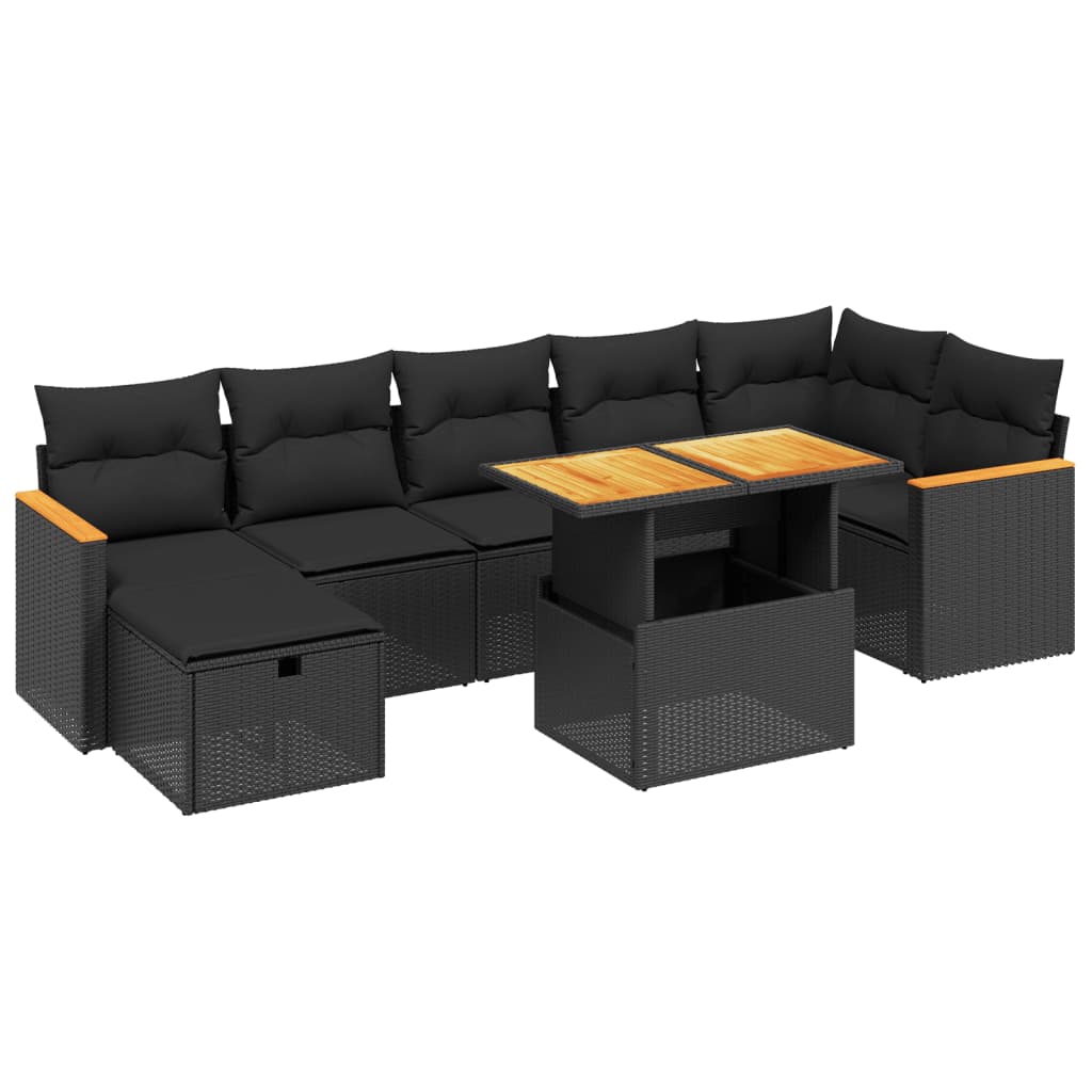 Set mobilier de gradina cu perne, 8 piese, negru, poliratan