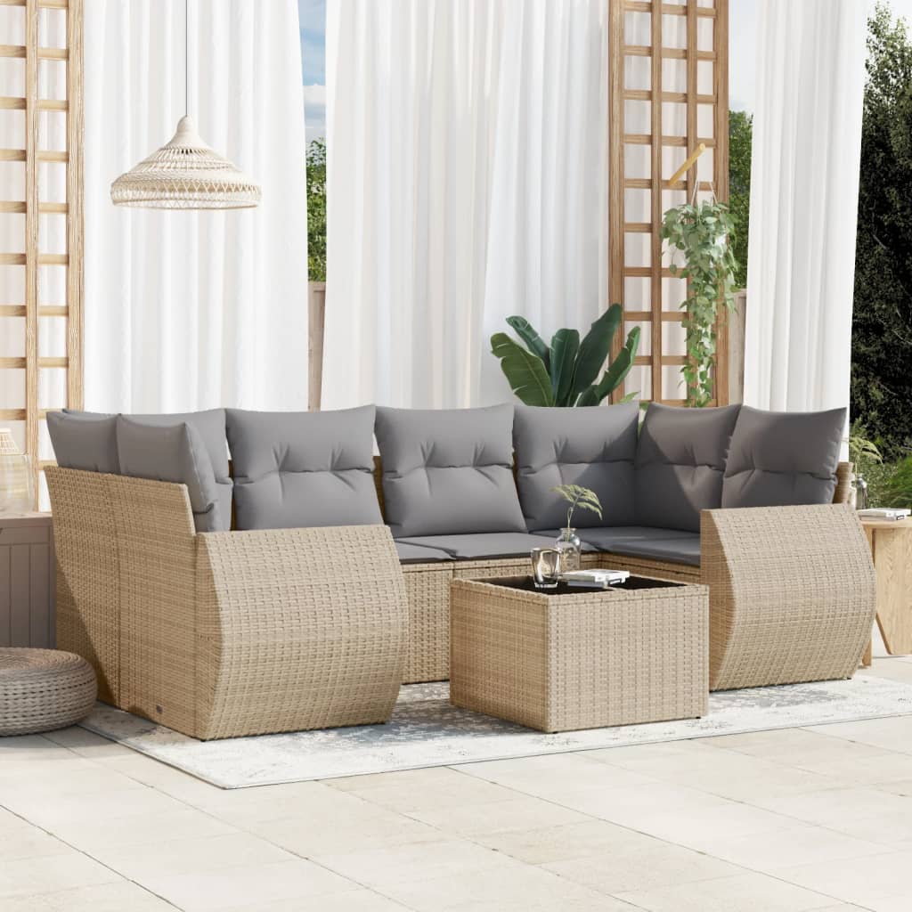 Set canapele de gradina, 7 piese, cu perne, bej, poliratan — imaginea 2