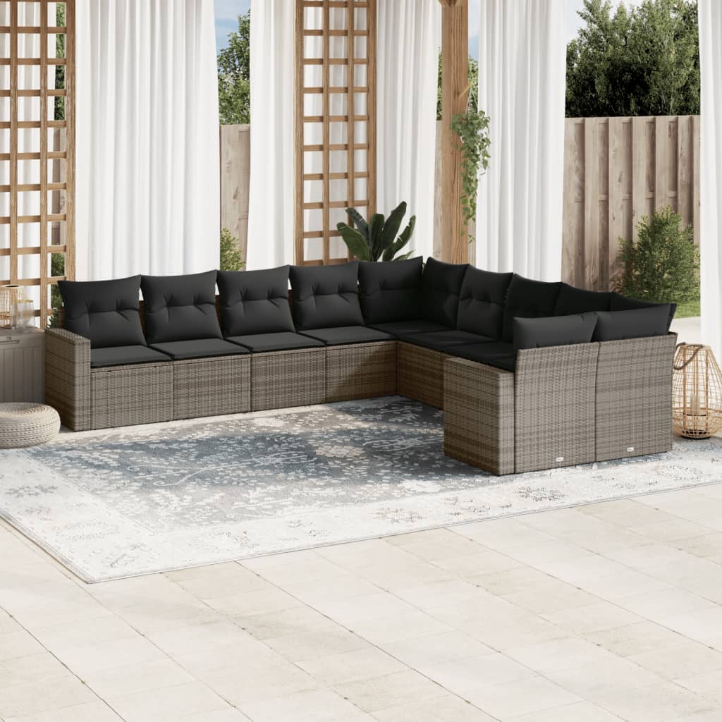 Set mobilier de gradina cu perne, 10 piese, gri, poliratan — imaginea 2