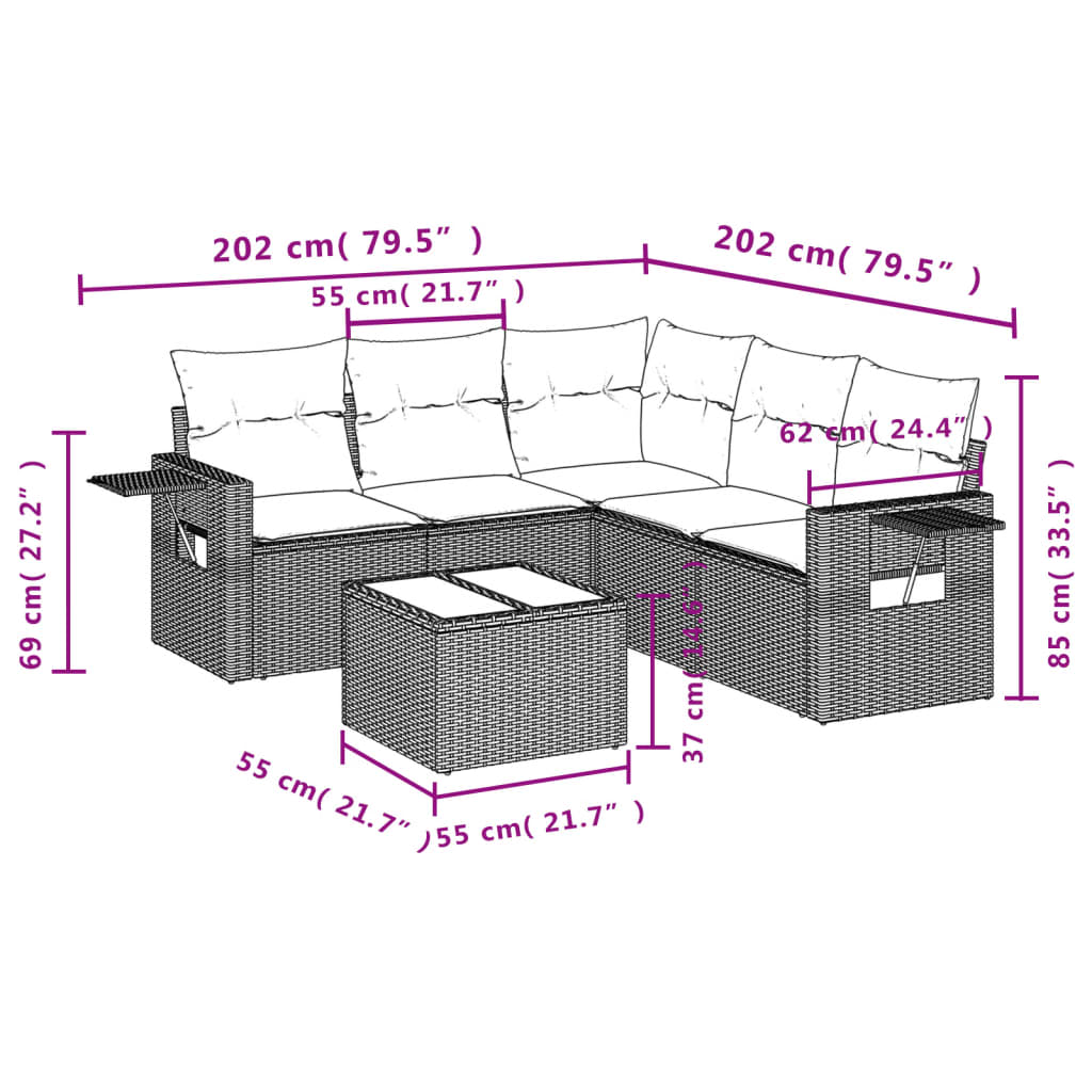 Set mobilier de gradina cu perne, 6 piese, negru, poliratan — imaginea 9
