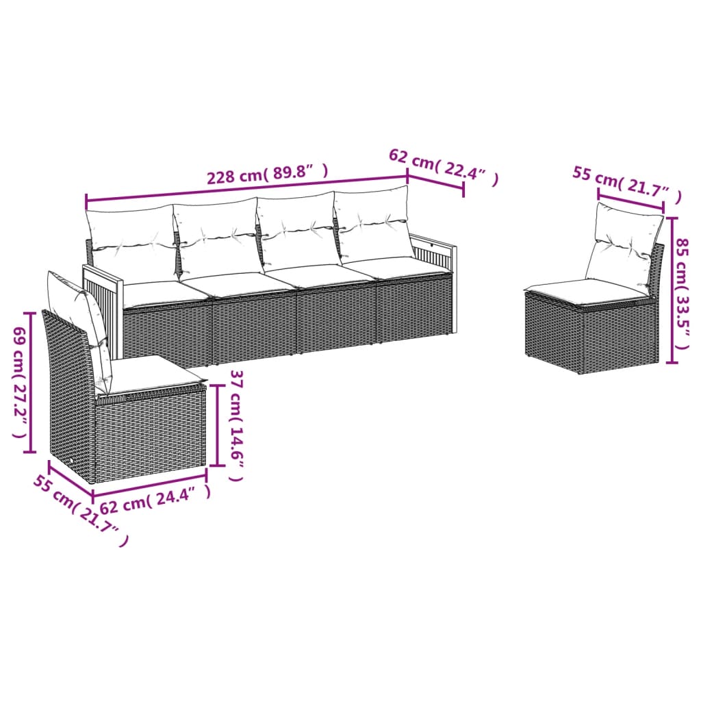 Set mobilier de gradina cu perne, 6 piese, negru, poliratan — imaginea 6