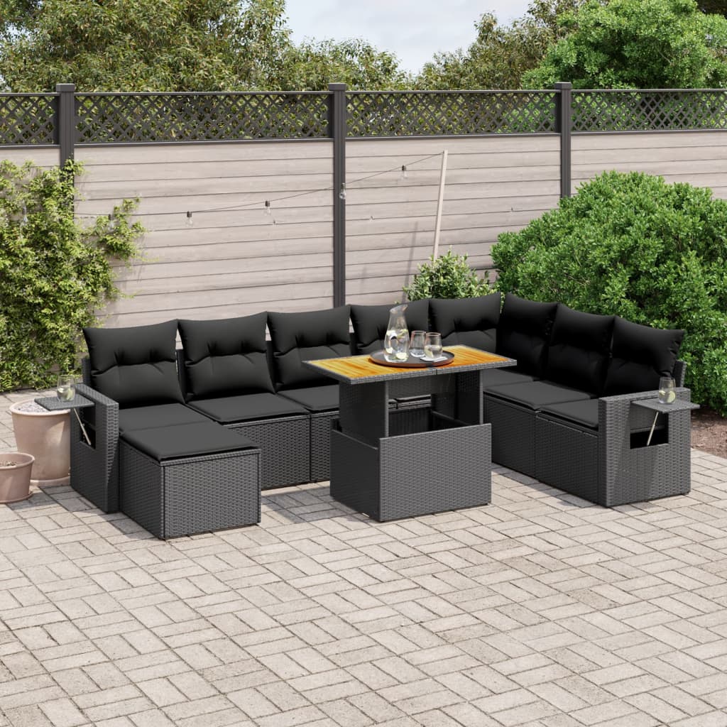 Set mobilier de gradina cu perne, 9 piese, negru, poliratan — imaginea 2