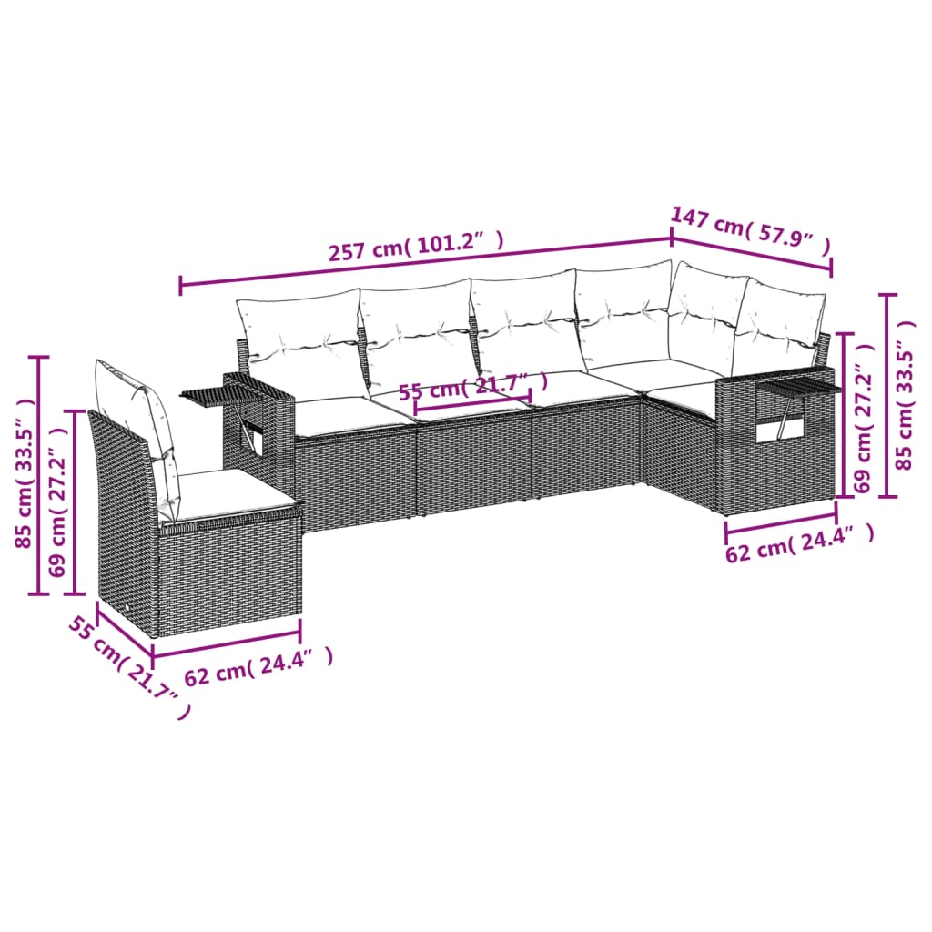 Set mobilier de gradina cu perne, 6 piese, negru, poliratan — imaginea 8