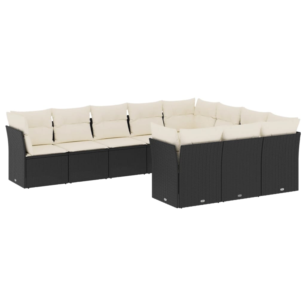 Set canapele de gradina cu perne, 10 piese, negru, poliratan