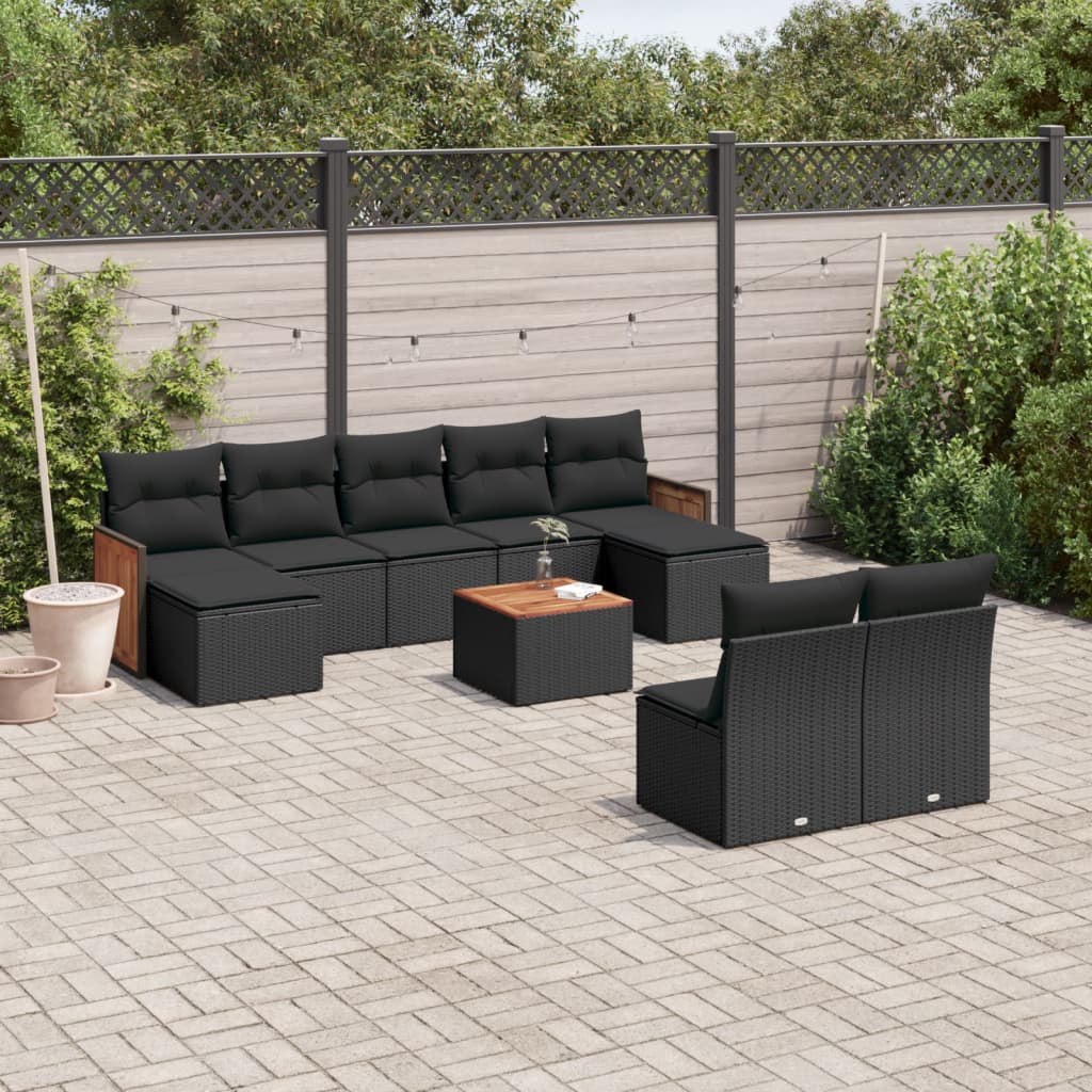 Set canapele de gradina cu perne, 10 piese, negru, poliratan — imaginea 2