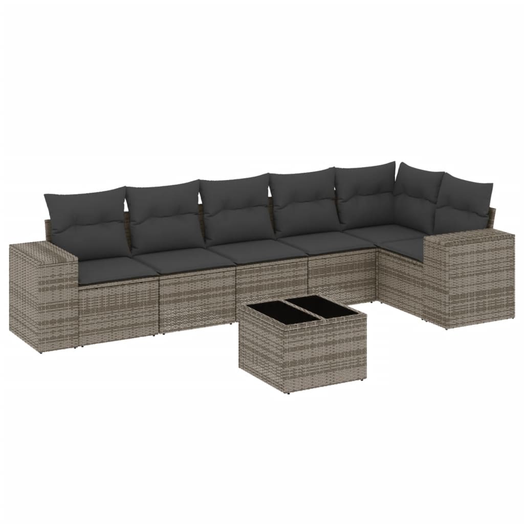 Set canapele de gradina, 7 piese, cu perne, gri, poliratan