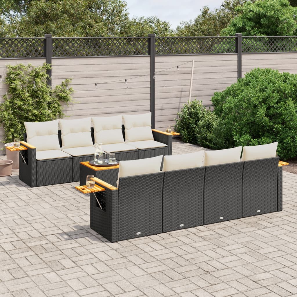 Set mobilier de gradina cu perne, 9 piese, negru, poliratan — imaginea 2