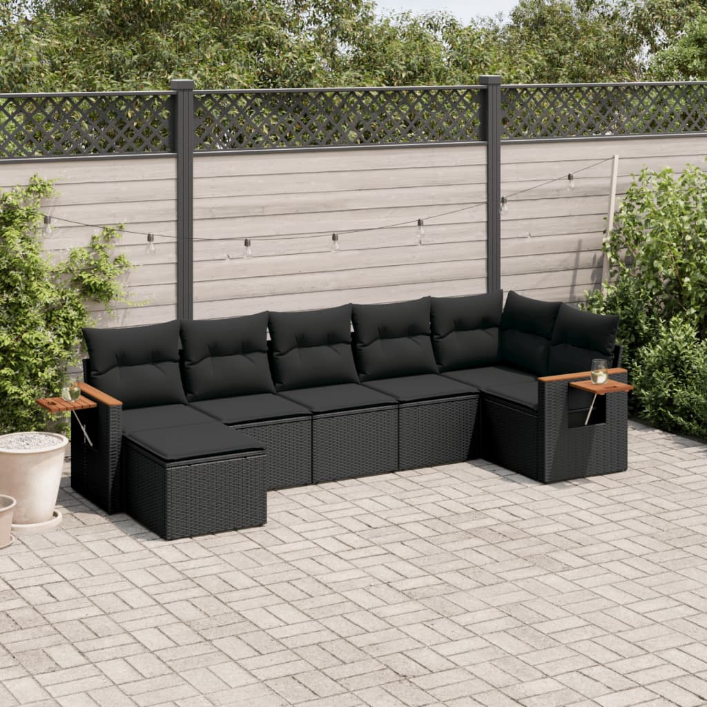 Set canapele de gradina cu perne, 7 piese, negru, poliratan — imaginea 2