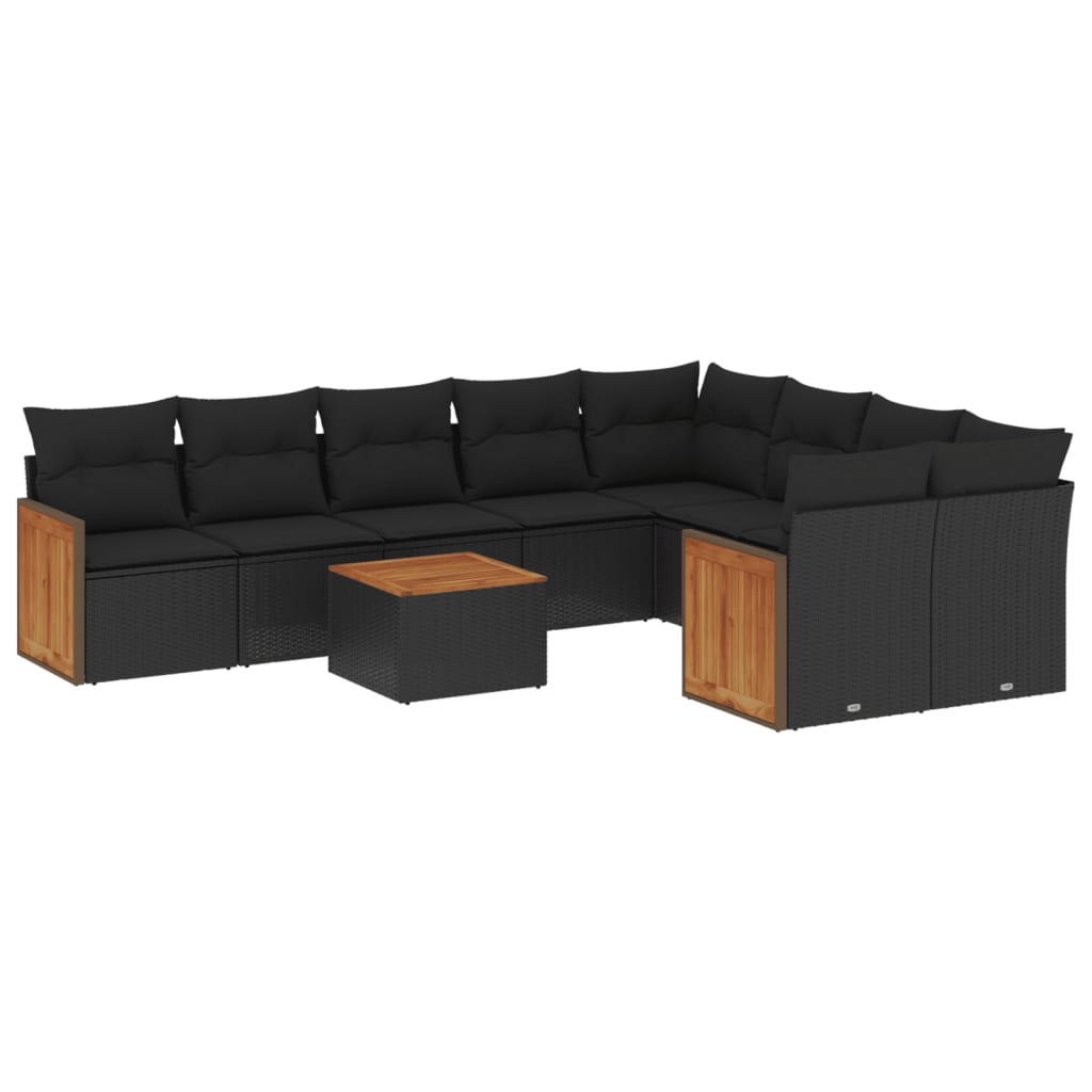 Set canapele de gradina cu perne, 10 piese, negru, poliratan