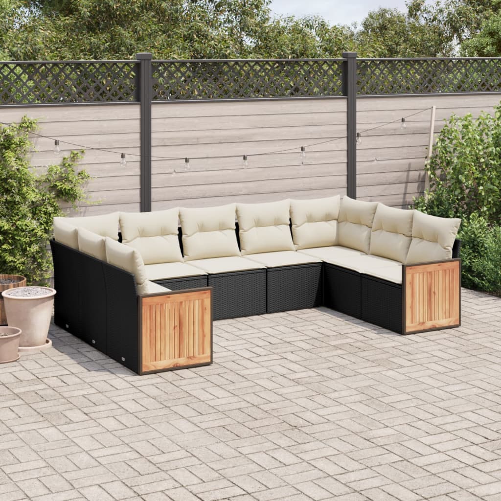 Set mobilier de gradina cu perne, 9 piese, negru, poliratan — imaginea 2