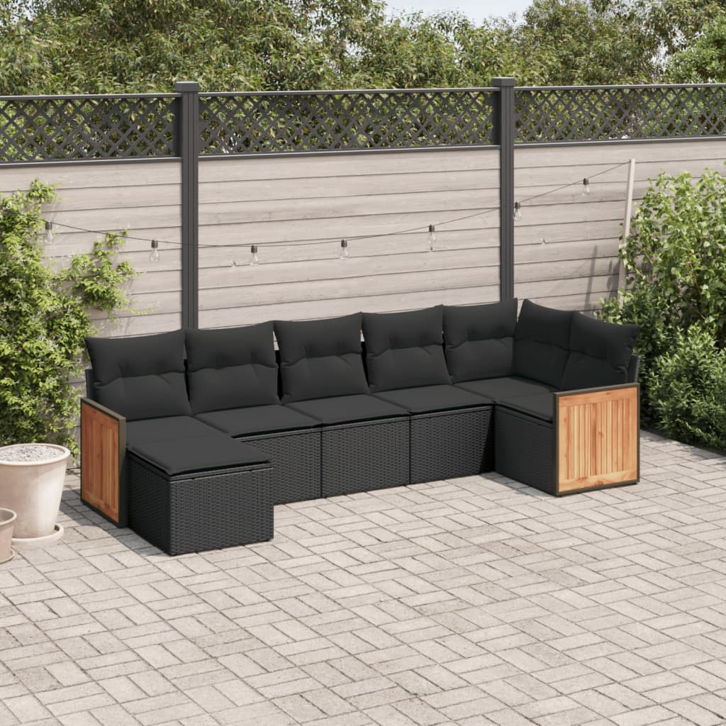 Set canapele de gradina cu perne, 7 piese, negru, poliratan — imaginea 2