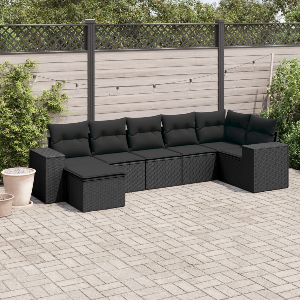 Set canapele de gradina cu perne, 7 piese, negru, poliratan — imaginea 2
