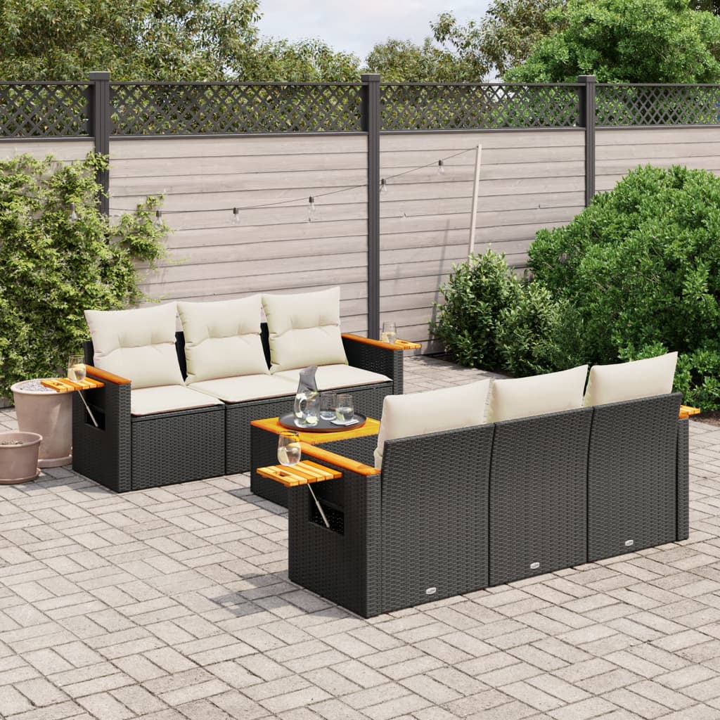 Set canapele de gradina cu perne, 7 piese, negru, poliratan — imaginea 2