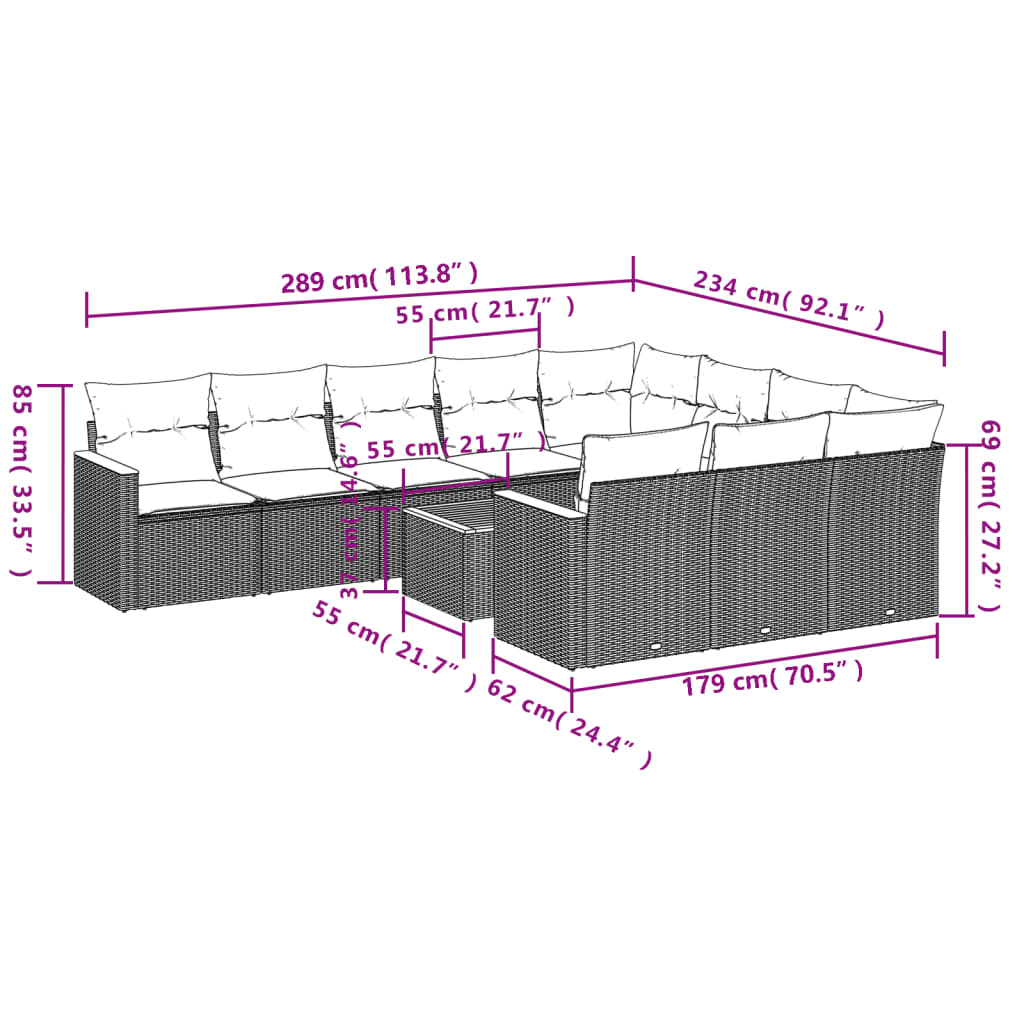 Set canapele de gradina cu perne, 11 piese, negru, poliratan — imaginea 8