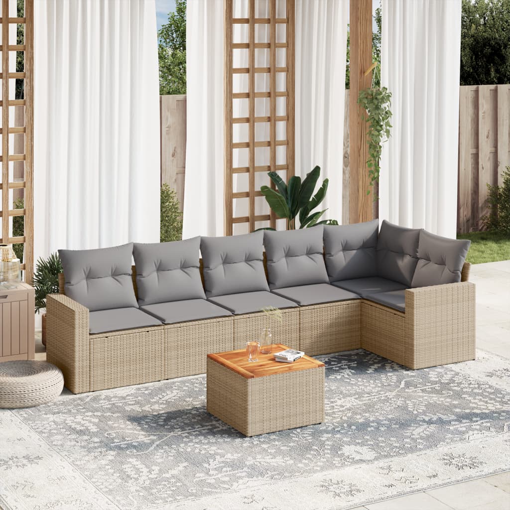 Set canapele de gradina, 7 piese, cu perne, bej, poliratan — imaginea 2