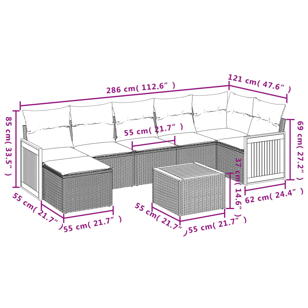 Set canapele de gradina cu perne, 8 piese, gri, poliratan — imaginea 9