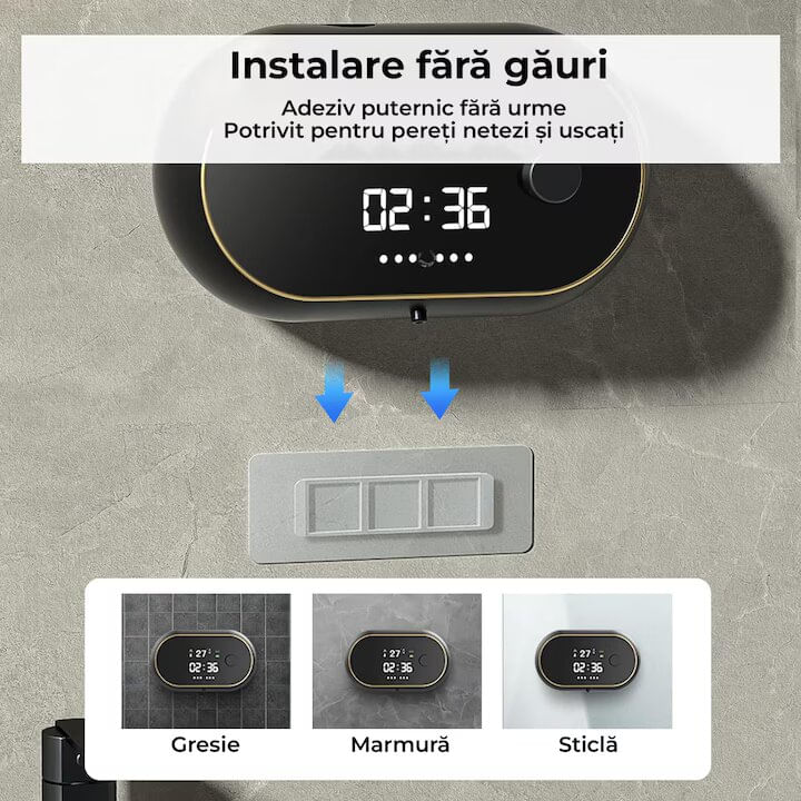 Dozator Automat Sapun, Afisaj Temperatura, Ora, Prindere Perete, Senzor Miscare, Cablu USB-C - 3 | YEO