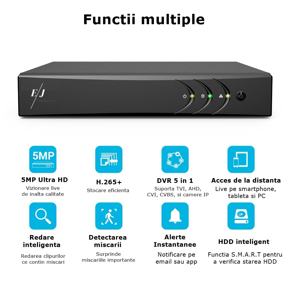 Sistem complet de supraveghere cu 8 camere de de exterior, E200, detectare faciala AI, rezolutie FulHD