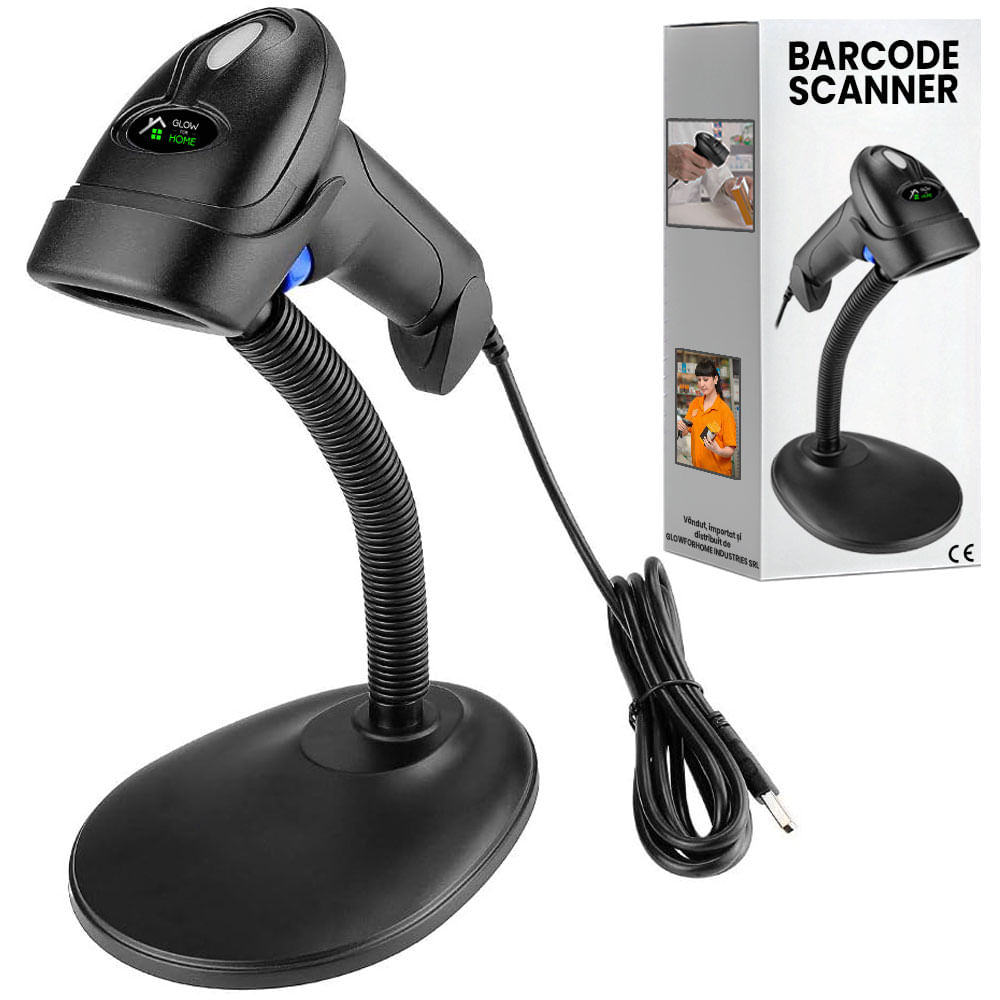 Cititor coduri de bare cu laser, GlowforHome, Scanner USB, 1D/2D, 100 scanari/secunda, Suport flexibil, liniar
