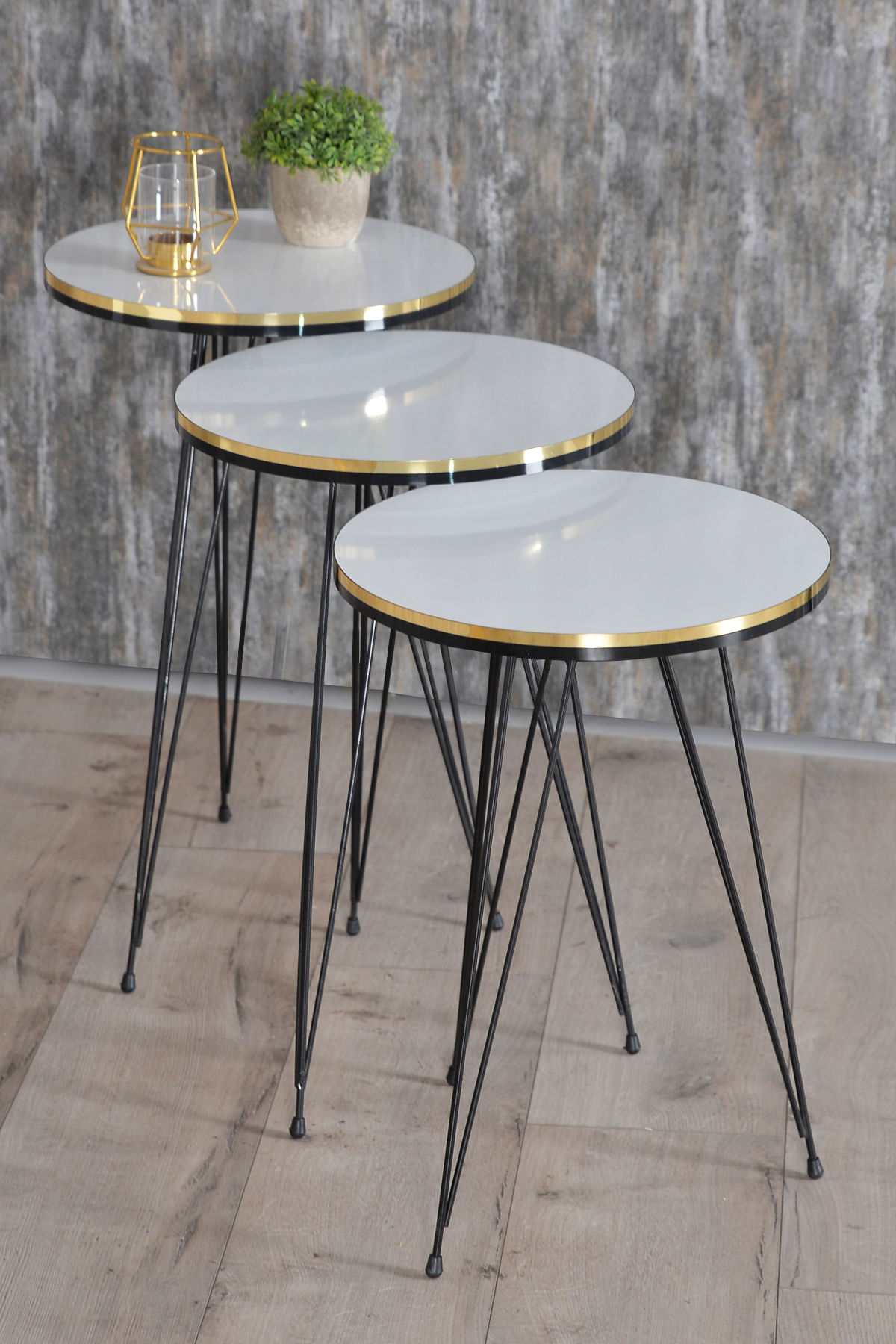 Set 3 masute cafea ZIGON, cu blat rotund, margine aurie cu negru - Negru marmorat — imaginea 2