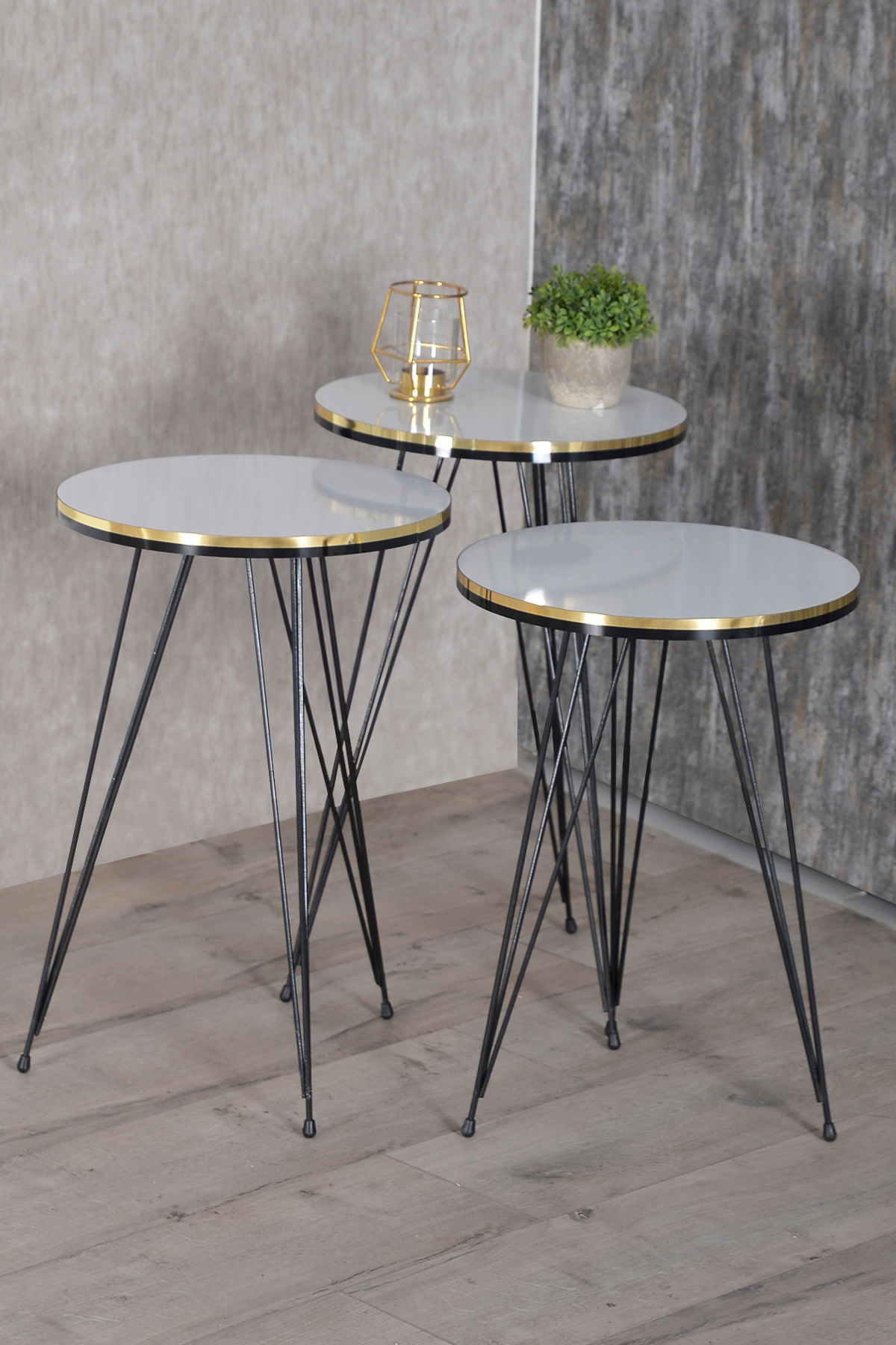 Set 3 masute cafea ZIGON, cu blat rotund, margine aurie cu negru - Negru marmorat — imaginea 4