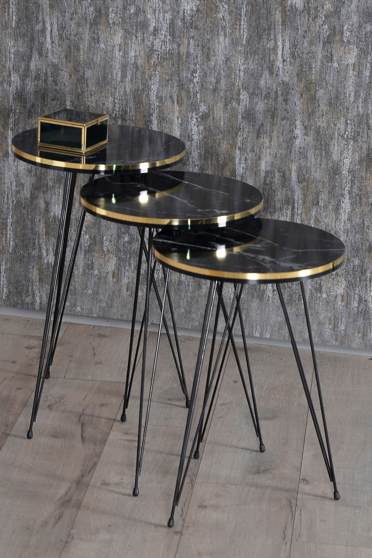 Set 3 masute cafea ZIGON, cu blat rotund, margine aurie cu negru - Negru marmorat — imaginea 6