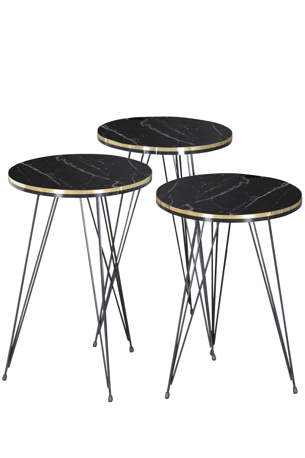 Set 3 masute cafea ZIGON, cu blat rotund, margine aurie cu negru - Alb — imaginea 2