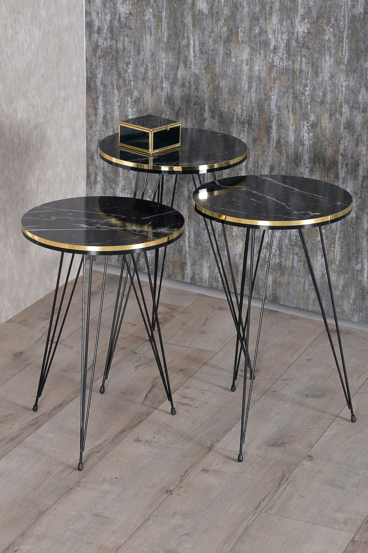 Set 3 masute cafea ZIGON, cu blat rotund, margine aurie cu negru - Alb — imaginea 4