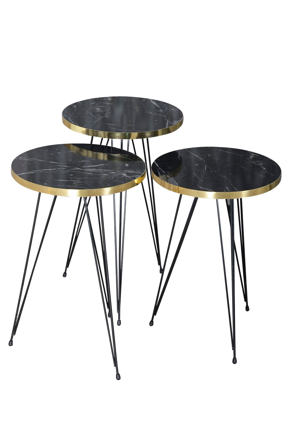 Set 3 masute cafea ZIGON, cu blat rotund, margine aurie - Negru marmorat — imaginea 2