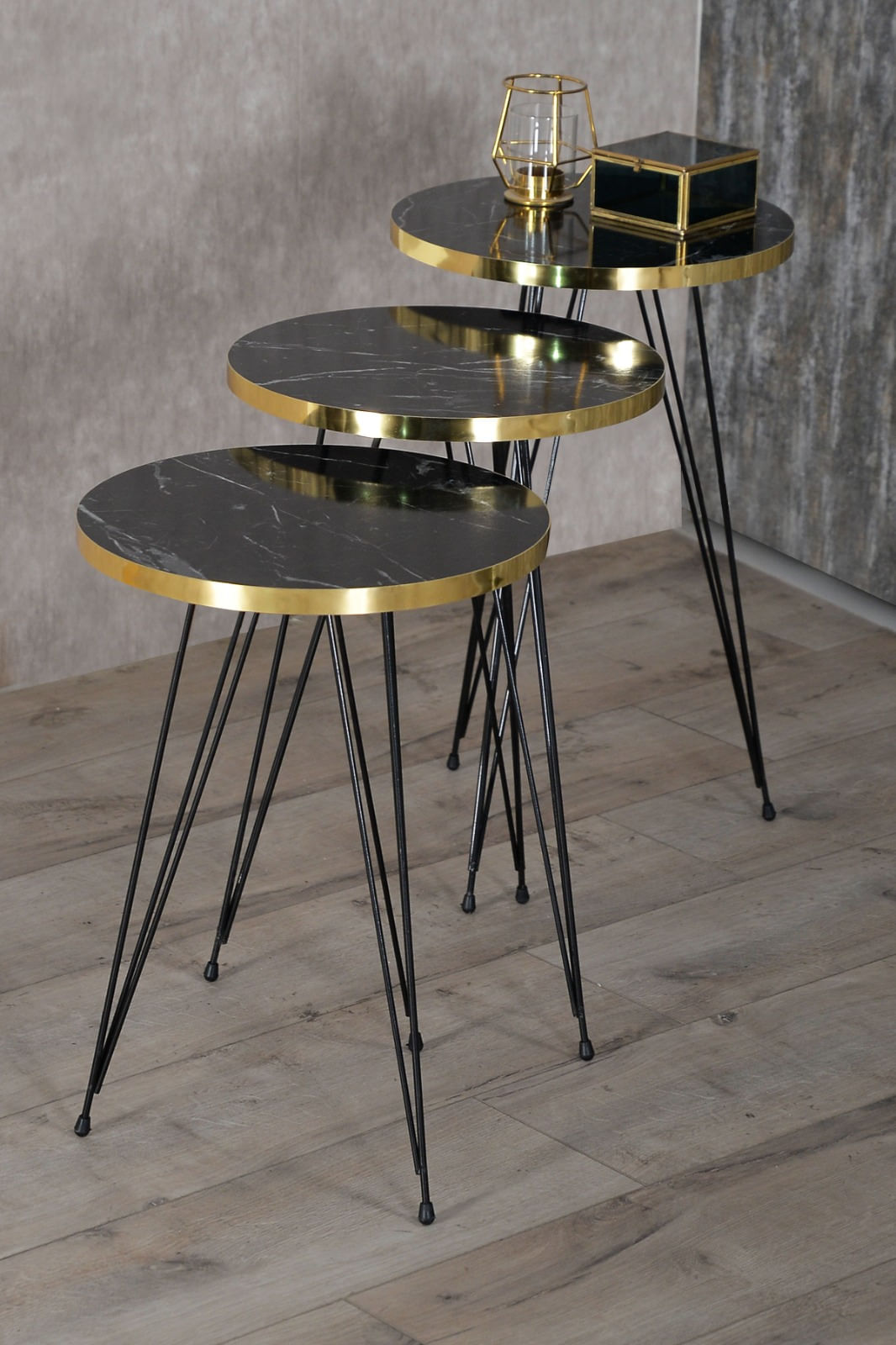 Set 3 masute cafea ZIGON, cu blat rotund, margine aurie - Negru marmorat — imaginea 3