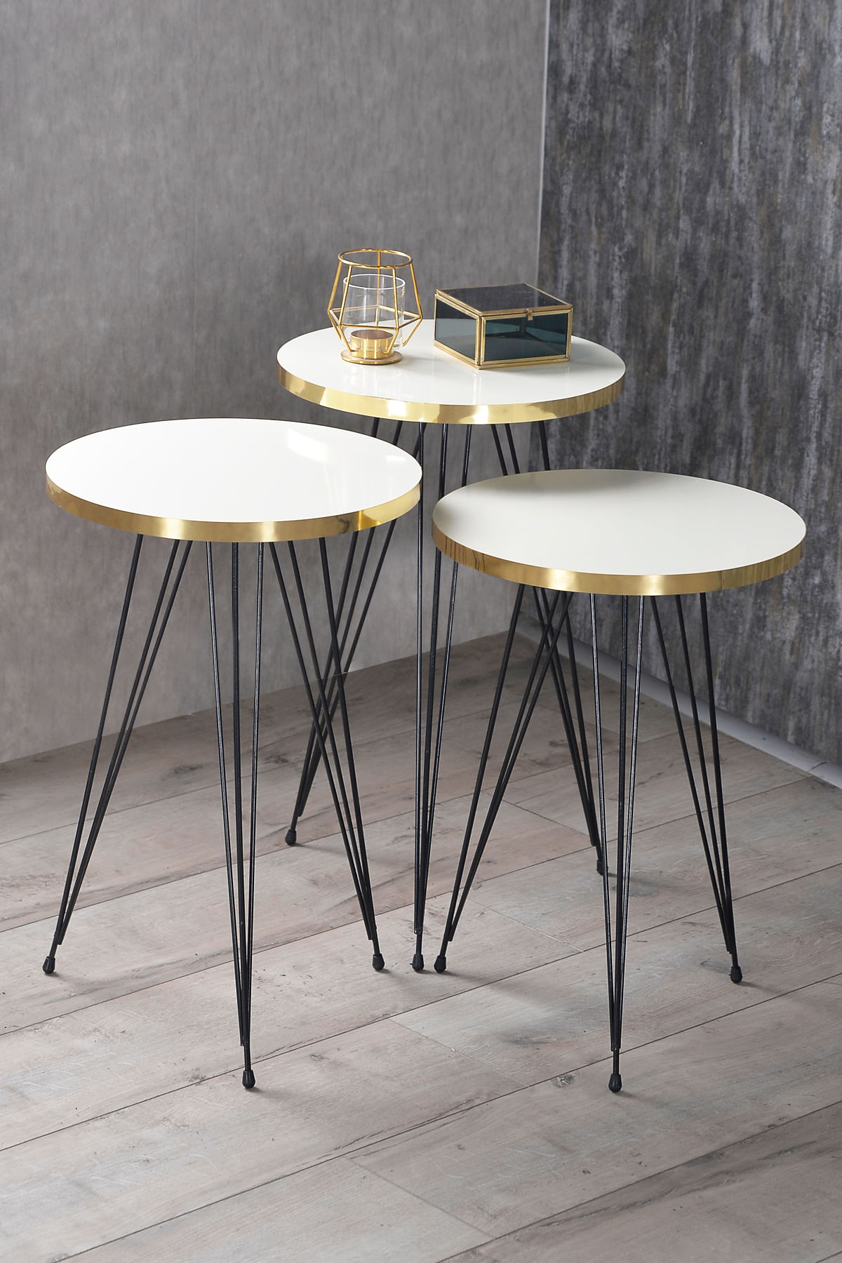 Set 3 masute cafea ZIGON, cu blat rotund, margine aurie - Negru marmorat — imaginea 4