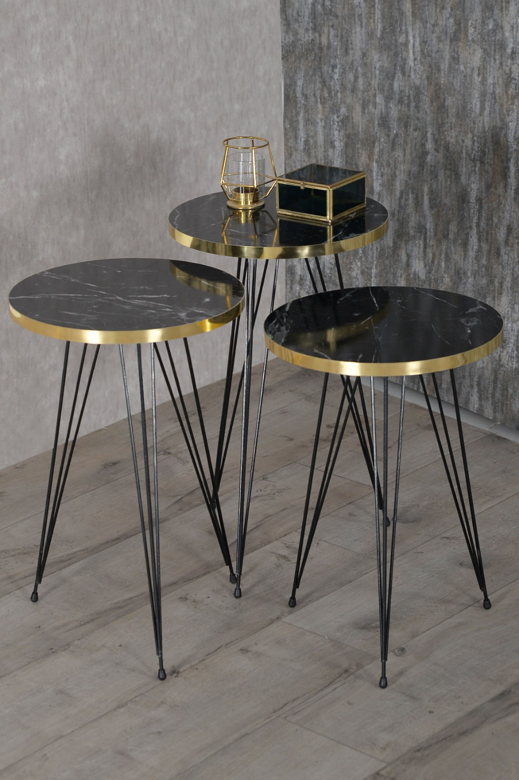 Set 3 masute cafea ZIGON, cu blat rotund, margine aurie - Negru marmorat — imaginea 5