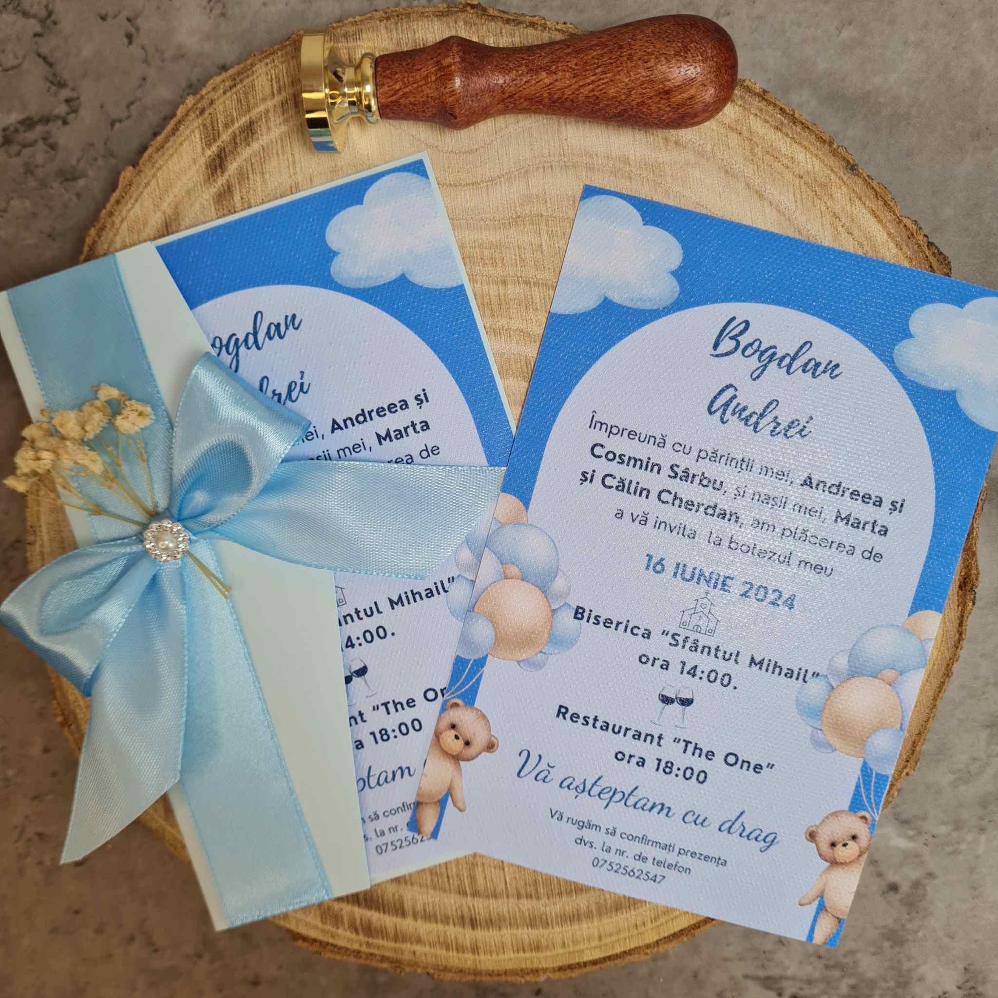 Invitatie de Botez, completa, cu flori uscate si fundita de satin