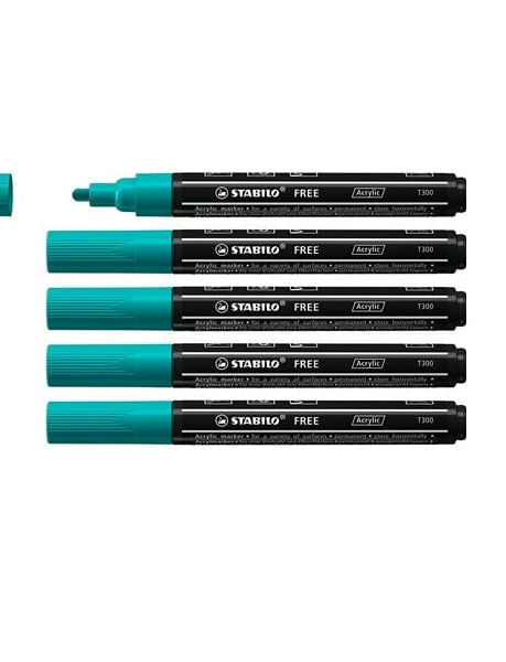 Marker acrilic, Stabilo Acrylic, varf glont T300 2-3mm, pachet de 5, albastru-verde